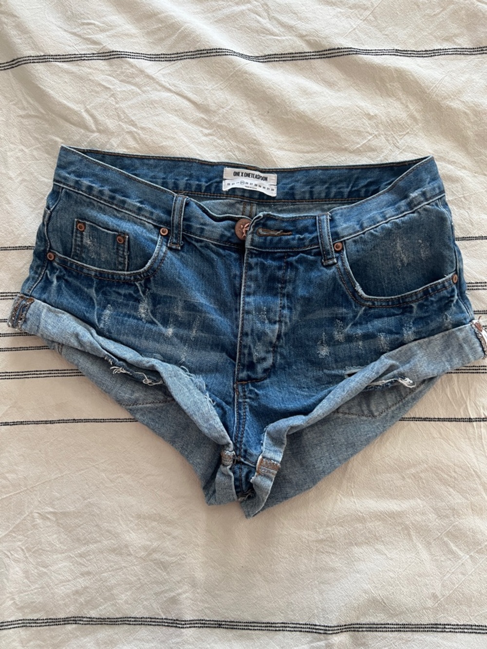 One Teaspoon Medium Blue Distressed Roll-Cuff Denim Shorts